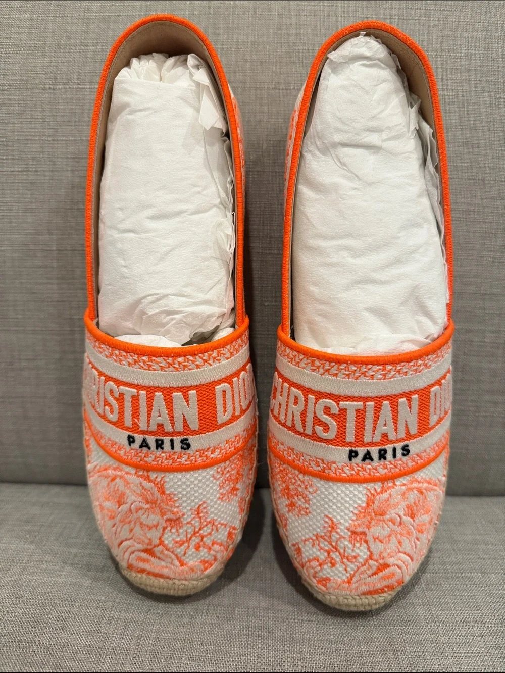 Christian Dior Orange & Cream Embroidered Espadrille Slip-On